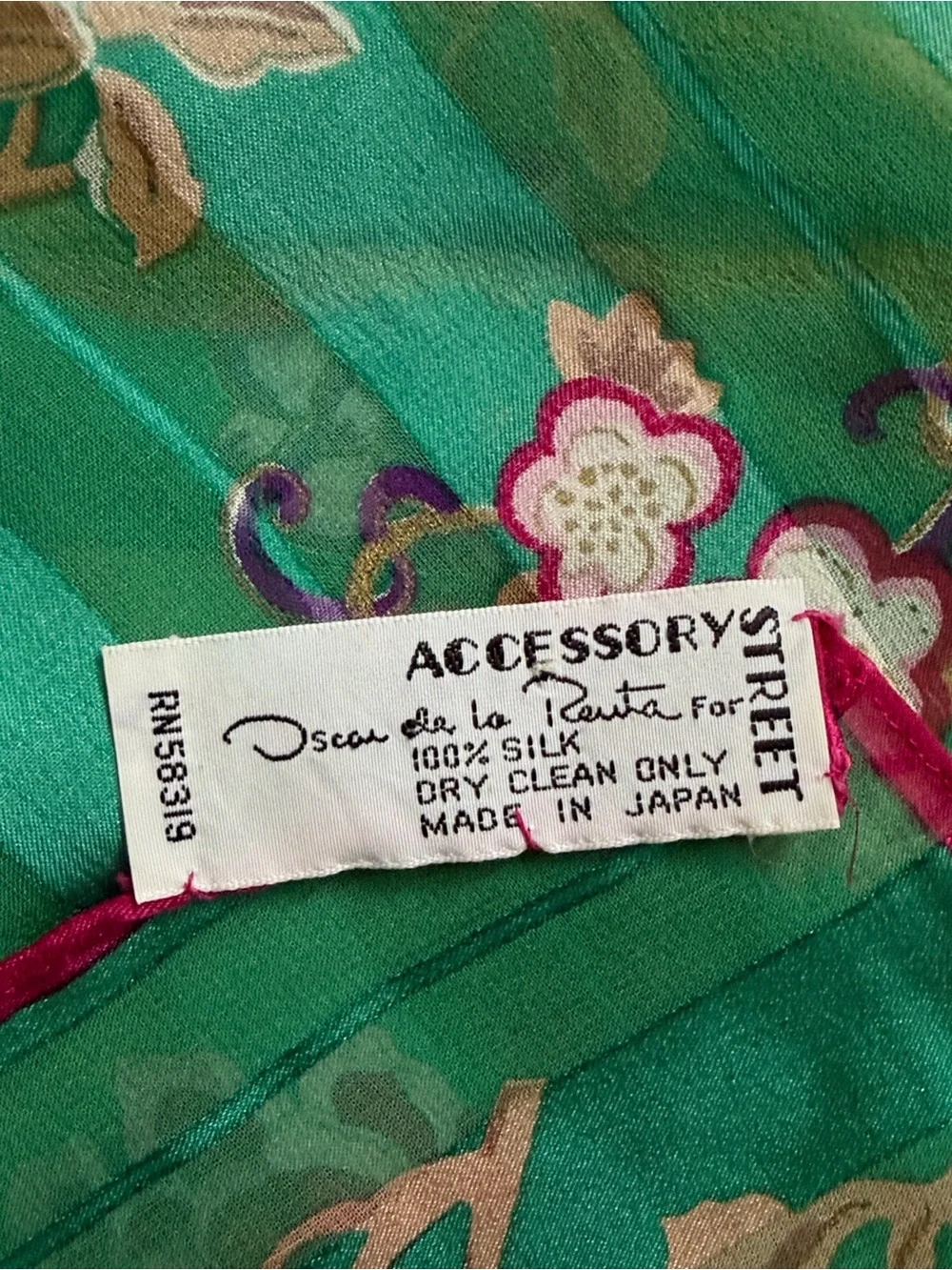 Oscar de la Renta Green Floral Silk Scarf with Pink and Purple Blooms